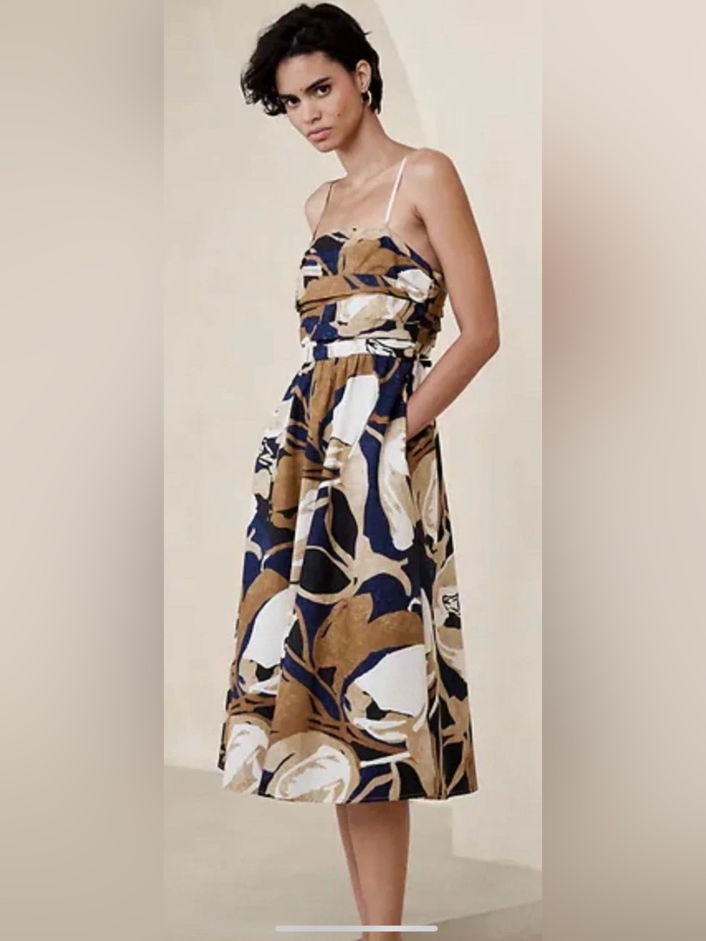 Banana Republic Floral Midi Dress in Navy, Brown & Cream Size 12